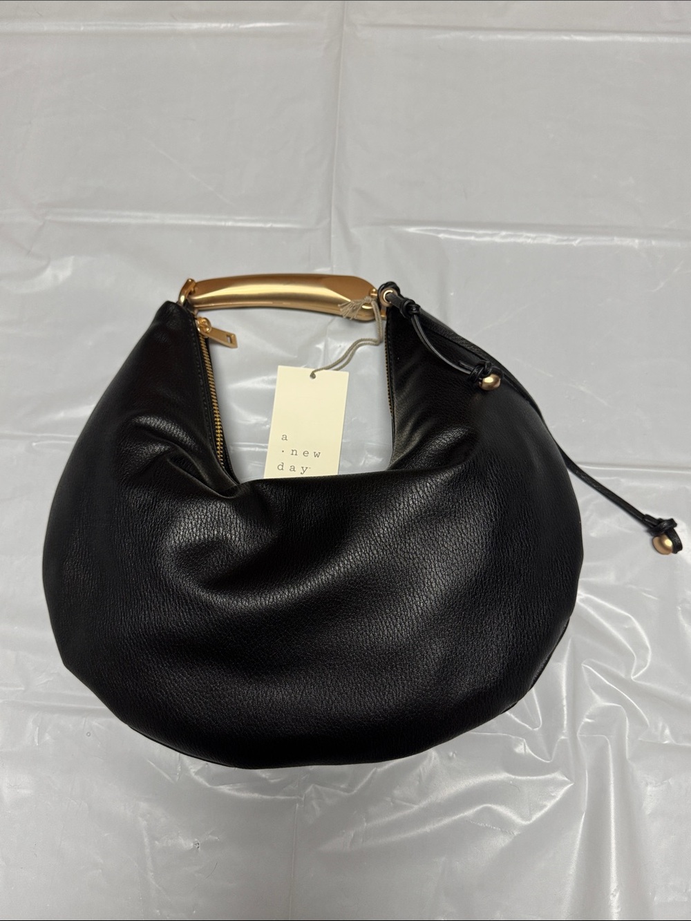 a new day Black Pebbled Hobo Bag with Gold Accent Handle